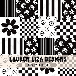 May include: A seamless pattern digital paper pack with 9 different black and white designs. The designs include peace signs, yin yang symbols, daisies, and checkerboard patterns. The text "LAUREN LIZA DESIGNS" and "SEAMLESS PATTERN" is included in the design.