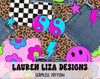 Könnte beinhalten: Ein nahtloses Muster mit verschiedenen Designs, darunter ein kariertes Muster, Jeans-Patches, Leopardenmuster, Blumen, Blitze, Kirschen und Smiley-Gesichter. Der Text "LAUREN LIZA DESIGNS" und "SEAMLESS PATTERN" ist im Design enthalten.