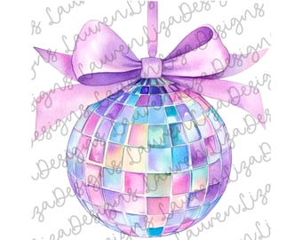 PNG Watercolor Purple Disco Ball with Purple Coquette Bow, PNG Design, Holiday, Clip Art, T Shirt Sublimation File