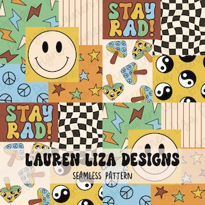 May include: A seamless pattern featuring a retro 70s aesthetic with a variety of colourful designs. The pattern includes peace signs, smiley faces, yin yang symbols, stars, chequered patterns, and mushrooms. The text "Stay Rad!" is repeated throughout the pattern.