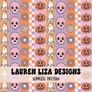 May include: A seamless pattern featuring a repeating design of skulls, pumpkins, ghosts, and flowers in a retro style. The color palette includes orange, pink, purple, and white. The text "LAUREN LIZA DESIGNS" and "SEAMLESS PATTERN" are also present.