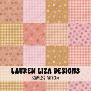Puede incluir: Un paquete de papel digital con nueve patrones sin costuras que presentan un patrón de cuadros vichy en rosa y marrón y un patrón floral con flores rosas y marrones. El texto "LAUREN LIZA DESIGNS" y "SEAMLESS PATTERN" está incluido en la imagen.