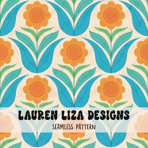 May include: A seamless pattern featuring stylized orange flowers with blue and green leaves on a light beige background. The text "LAUREN LIZA DESIGNS" and "SEAMLESS PATTERN" is at the bottom of the image.