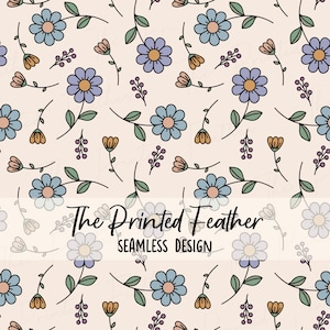Cute Floral Doodles, Boho Retro Flowers Seamless File for Fabric Sublimation, Repeating Pattern, Digital Scrapbook Paper, Surface Pattern