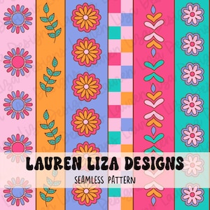 Op de afbeelding: Een naadloos patroon met vijf verticale strepen met verschillende ontwerpen. De strepen omvatten een roze streep met oranje zonachtige bloemen, een oranje streep met groene bladeren, een paarse streep met oranje bloemen, een roze streep met een blauw, groen en oranje geruit patroon, een roze streep met een groen, oranje en roze pijlvormig ontwerp en een turquoise streep met roze bloemen.