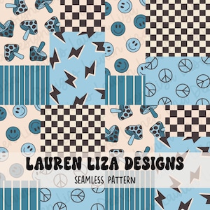 May include: A seamless pattern featuring a patchwork of different designs in blue, white, and beige. The designs include smiley faces, peace signs, lightning bolts, mushrooms, and checkered patterns. The text "LAUREN LIZA DESIGNS" and "SEAMLESS PATTERN" is included in the design.