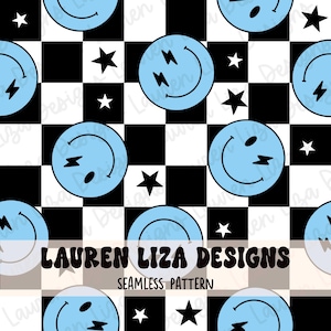 May include: A seamless pattern featuring a black and white checkered background with blue smiley faces and white stars. The text "LAUREN LIZA DESIGNS" and "SEAMLESS PATTERN" is included in the design.