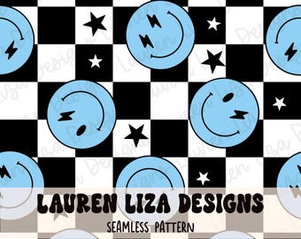 Blue Smiley Faces on Checkerboard for Boys for Fabric Sublimation, Repeat Design, Digital Scrapbook Paper / Surface Pattern