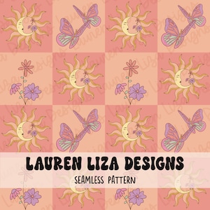 Celestial, Butterfly, Flowers Checkerboard Seamless File for Fabric Sublimation, Repeating Pattern, Digital Scrapbook Paper, Surface Pattern