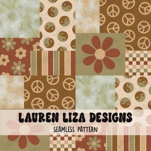 May include: A seamless pattern featuring a patchwork design with various retro patterns. The patterns include peace signs, yin yang symbols, flowers, stripes, and checkered designs. The colors are brown, beige, and green.