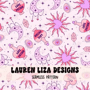 May include: A seamless pattern featuring pink, red, and white illustrations of hearts, moons, suns, stars, eyes, and bottles with the text "Love Potion".