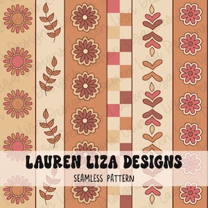 May include: A seamless pattern design featuring five vertical stripes with different repeating patterns. The stripes include a brown stripe with a repeating flower pattern, a beige stripe with a repeating leaf pattern, a brown stripe with a repeating flower pattern, a brown stripe with a repeating chequered pattern, and a beige stripe with a repeating heart pattern. The pattern is in shades of brown, beige, and pink.