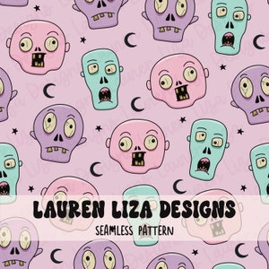 Peut inclure: Un motif sans couture représentant des têtes de zombies de dessin animé dans différentes couleurs, notamment rose, violet, bleu et vert. Le fond est de couleur violet clair avec des étoiles et des croissants de lune.