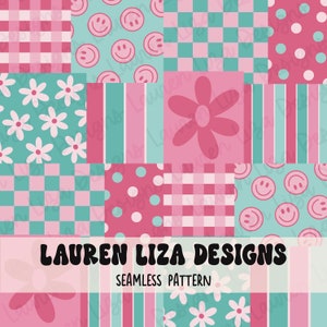 Puede incluir: Un patrón sin costuras que presenta un diseño de patchwork con varios patrones en rosa y turquesa. Los patrones incluyen cuadros, lunares, rayas, caras sonrientes y margaritas. El texto "LAUREN LIZA DESIGNS" y "SEAMLESS PATTERN" está incluido en el diseño.