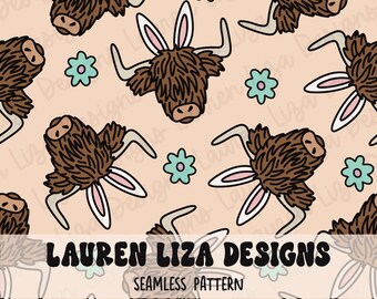 Highland Cow Easter Bunny Ears, Western Theme Seamless File for Fabric Sublimation, Repeat Design, Digital Scrapbook Paper / Surface Pattern