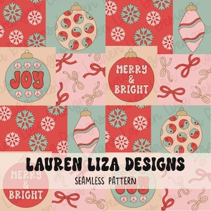 May include: A seamless pattern featuring a variety of Christmas baubles, including a red bauble with the text "Merry & Bright", a blue bauble with the text "Joy", and a white bauble with a yin yang symbol. The pattern also includes snowflakes and red and white bows.