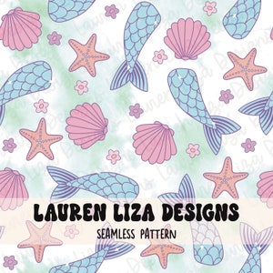 Sirenas, conchas marinas, estrellas de mar, archivo sin costuras de verano para sublimación de tela, diseño repetido, patrón de superficie de papel para álbum de recortes digital