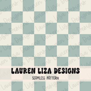 May include: A seamless pattern featuring alternating squares of light blue and cream. The pattern is overlaid with the text "LAUREN LIZA DESIGNS" in a bold, black, bubble-style font. The text "SEAMLESS PATTERN" is written in a smaller, black font below the main text.