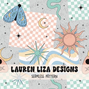 May include: A seamless pattern featuring a variety of celestial and nature-inspired elements, including a butterfly, stars, a crescent moon, a sun, and wavy lines. The pattern is set against a background of checkered squares and a speckled gray surface. The text "LAUREN LIZA DESIGNS" and "SEAMLESS PATTERN" is included in the design.