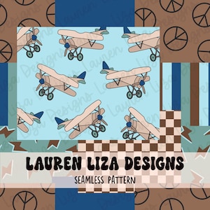 May include: A seamless pattern featuring a light blue background with brown aeroplanes, peace signs, and geometric shapes. The text "LAUREN LIZA DESIGNS" and "SEAMLESS PATTERN" is included in the design.