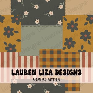 Op de afbeelding: Een naadloos patroon met een patchwork-ontwerp in verschillende texturen en kleuren. Het patroon bevat een groene achtergrond met witte bloemen, een gele achtergrond met zwarte bloemen, een rood-wit gestreept patroon, een zwart-geel geruit patroon en een effen groen vierkant. De tekst "LAUREN LIZA DESIGNS" en "SEAMLESS PATTERN" is opgenomen in het ontwerp.