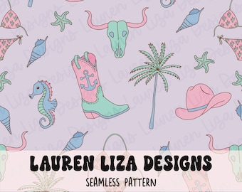 Coastal Cowgirl Seamless Pattern for Fabric Sublimation, Cowgirl Hat Repeating Design, Digital Scrapbook Paper, Surface Pattern