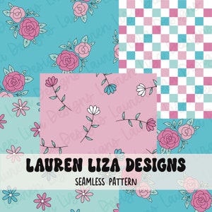 May include: Four seamless pattern designs featuring floral and geometric patterns. The patterns are in shades of pink, blue, and white. The text "LAUREN LIZA DESIGNS" and "SEAMLESS PATTERN" are at the bottom of the image.