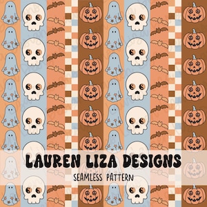 May include: A seamless pattern featuring a repeating design of orange pumpkins, white ghosts, brown bats, and skulls with yin-yang symbols. The background is a checkered pattern of brown, orange, and blue.