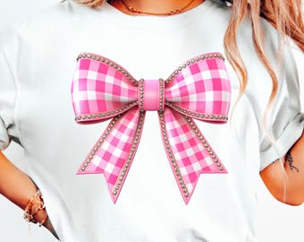 Diseño PNG de lazo de coqueta con cuadros vichy rosas y diamantes de imitación, clip art, archivo de sublimación de camisetas