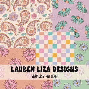 May include: A digital seamless pattern set featuring four different designs. The designs include a paisley pattern with pink and orange flowers, a checkered pattern with pink, blue, and yellow squares, a pattern of blue flowers on a purple background, and a pattern of blue flowers on a green background. The text "LAUREN LIZA DESIGNS" and "SEAMLESS PATTERN" is included in the image.