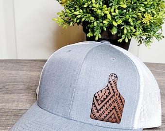 Cow Tag Aztec Design Leather Patch on Snapback Trucker Hat