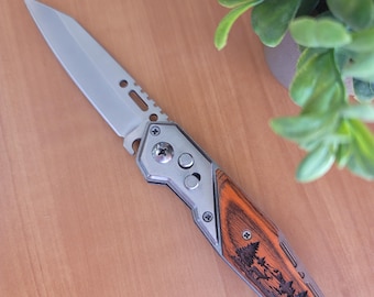 Laser Engraved Pocket Knife | Personalized Folding Knife | Hunting Gift for Him | Deer Bear Eagle Fishing Gift | Custom Father's Day Gift