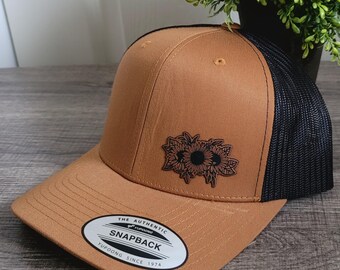 Sunflower Leather Patch on Snapback Trucker Hat