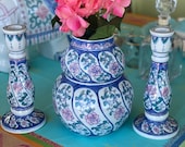 Chinoiserie vintage pink blue white ceramic handpainted 3piece set home accent pair of candlesticks and squash vase