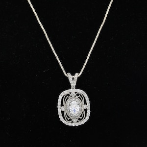 Beautiful Sterling Silver CZ Pendant Necklace Box Chain 925 - Art Deco Antique Look