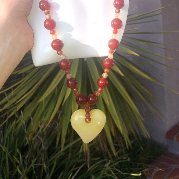 Huge Milky Yellow / White Amber Heart Pendant with  very large carnelian agate beads necklace Unusual and Beautiful!