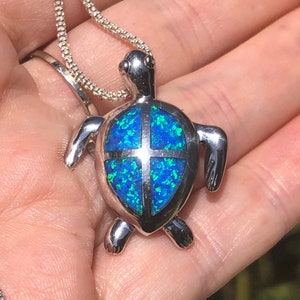 Beautiful Crushed blue opal inlaid sterling silver turtle pendant  925 nice long sterling silver Bismark ? chain 18 inch  necklace sea ocean