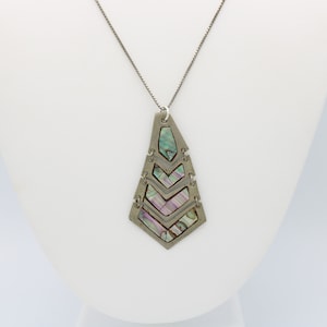 Vintage Alpaca Silver Abalone Shell Articulated Pendant Necklace Sterling Silver 925 with Box Chain Mexico Unusual