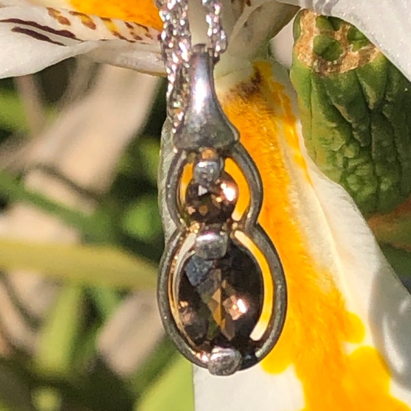 Beautiful vintage smoky topaz gemstone pendant necklace chain sterling silver 925