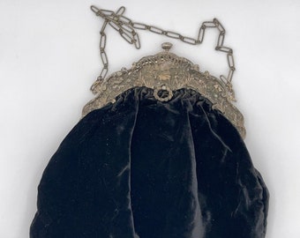 Victorian 1800s Black Velvet Hand Bag Silver Metal Frame Ornate Plunger & Pull Tab Purse Farm Satchel Pouch