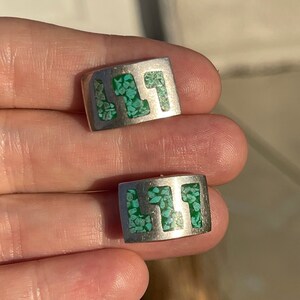 Vintage Malachite & Sterling Silver Earrings - Aztec Mexico - Rectangular Southwestern
