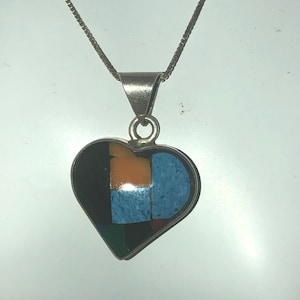 Vintage Gemstone Heart Pendant Necklace - Inlaid Spiny Oyster Malachite Denim Lapis Red Coral Black Onyx Lapis Lazuli - ATI 925 Mexico
