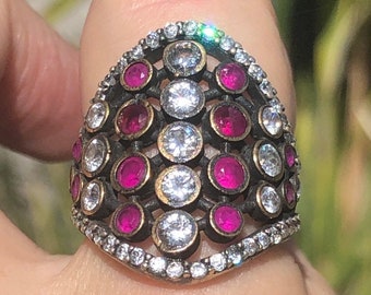 Designer Bora Yasar brutalist- modernist ring pink rubies clear Cz gemstones Size 7.25 stunning