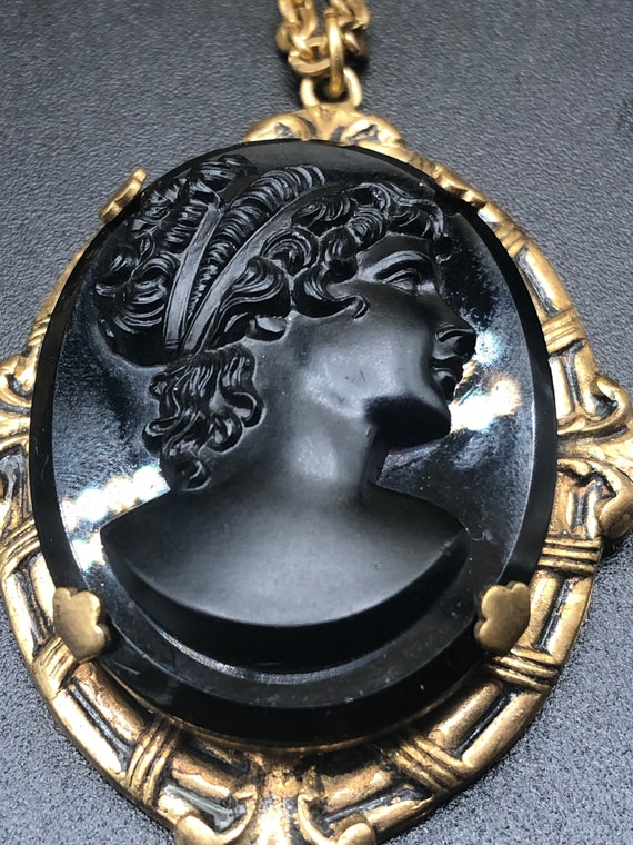 antique art deco black molded glass cameo lady  g… - image 2