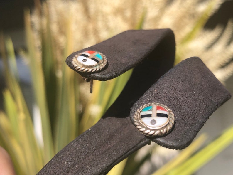 Vintage Zuni earrings inlaid MOP red coral turquoise Black onyx Native American Indian Southwestern Sterling silver 925 studs
