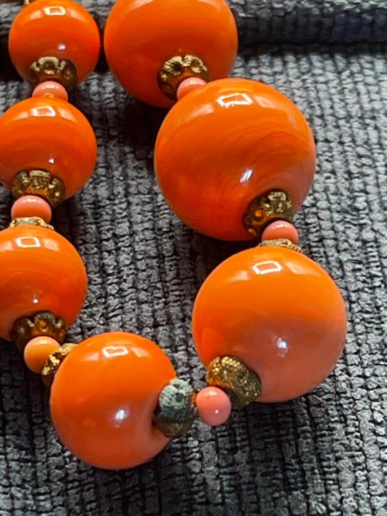 Antique coral colored lampwork glass beaded necklace Czechoslovakian beautiful beads image 7