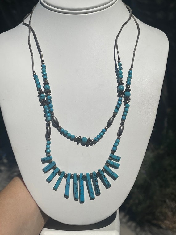 Vintage Two Strand Graduated Rectangular Turquois… - image 6