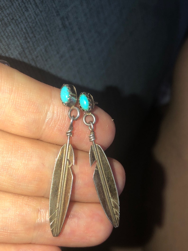 Vintage Native American Indian sterling silver turquoise feather earrings dangling southwestern super cute free shipping!