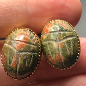 Antique vintage Burt Cassell unikite gemstone Scarab beetle screw back earrings beautiful gold filled 12kt gf Yellow gold filled