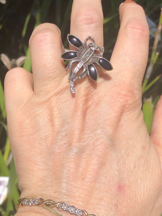 Vintage Beautiful Black Onyx Dragonfly Ring Sterling Silver